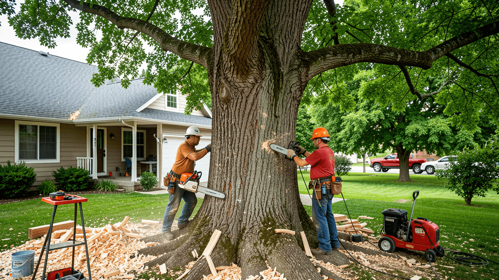 Professional tree service crew working in a residential yard